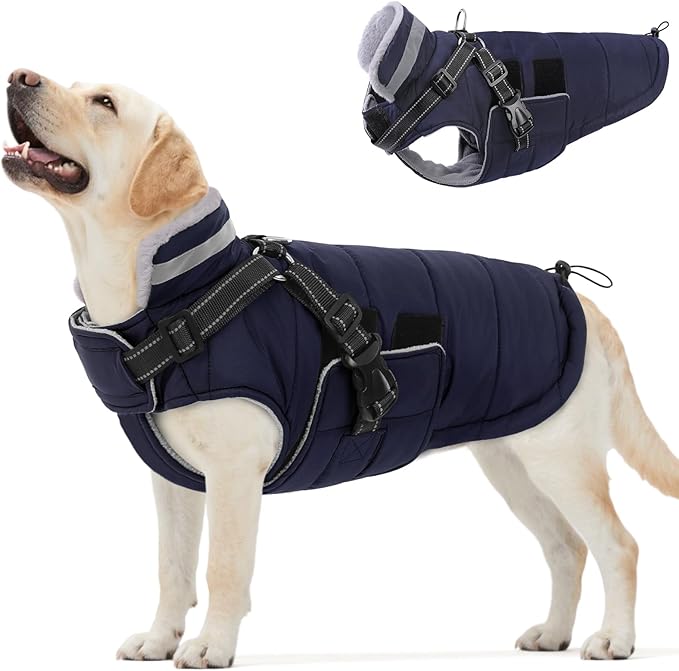 Queenmore XXXL Dog Coats for Extra Large Dogs Winter with Harness Built-in, Warm Waterproof Snow Jacket Large, Cold Weather Outdoor Puffer Coat - Fleece Lining Velcro Closure Reflective Easy On, Navy