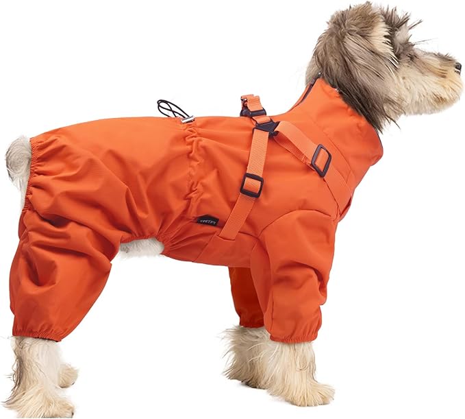 BRKURLEG Dog Raincoat for Small Dogs, Small Dog Rain Jacket with Harness Built in, Waterproof 4 Legs Pet Raincoats, Puppy Outdoor Jacket with Reflective Strip, Orange, L