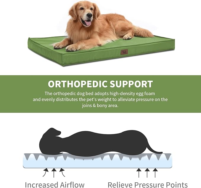 Outdoor Dog Bed for Medium Dogs, Waterproof Dog Crate Mat Orthopedic Egg Crate Foam Pet Bed with Washable Removable Oxford Cover, Light Green