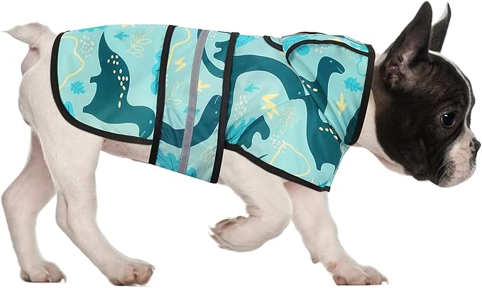 HDE Dog Raincoat Jacket Reflective Adjustable Hooded Pet Poncho Rain Coat with Leash Hole for Small to X-Large Dogs Dinosaurs - S