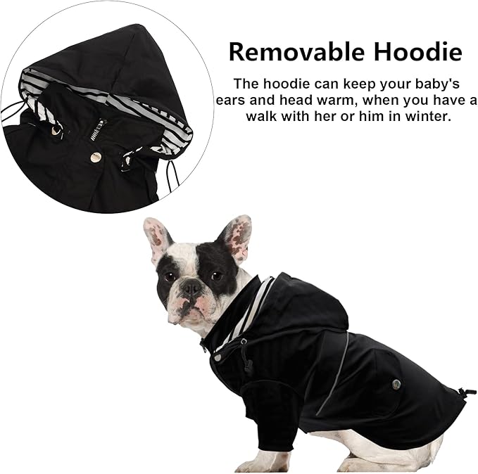 Morezi Dog Zip Up Raincoat with Reflective Buttons, Rain/Water Resistant, Adjustable Drawstring, Removable Hood, Raincoats with Legs 8lbs to 80lbs Available - Black - L