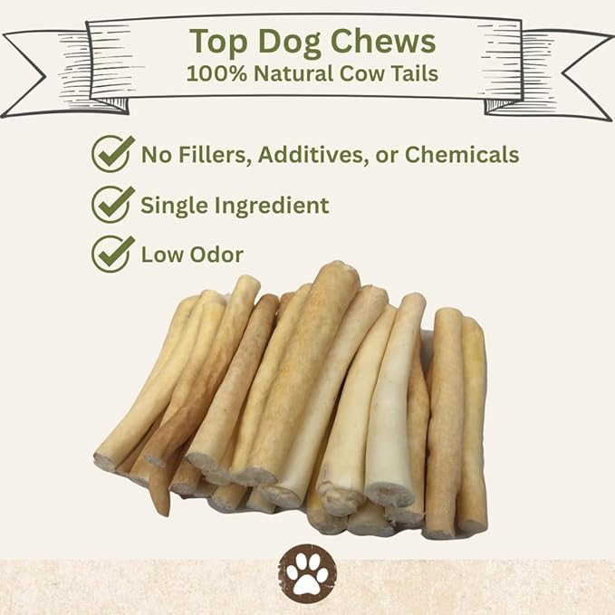 Top Dog Chews - 6 Inch Cow Tails, High-Protein Dog Treats, 100% Naturally Sourced Dog Chew from Free Range Grass-Fed Cattle, Beef Bull Puppy Treats (12 Pack)