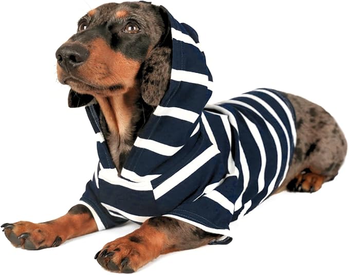 DJANGO Dog Hoodie – Warm, Lightweight, Soft & Stretchy Dog Sweater with Hood, Harness Hole & Elastic Waistband – Cozy Sweatshirt for Small Dogs up to 25 lbs, Dachshunds & Puppies – Navy Blue, X-Small