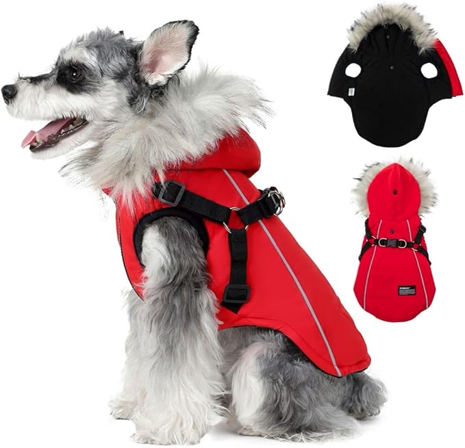 PINA Winter Coat for Dogs - Waterproof Jacket with Faux Fur Hood, Reflective Strap - Red, 2XL