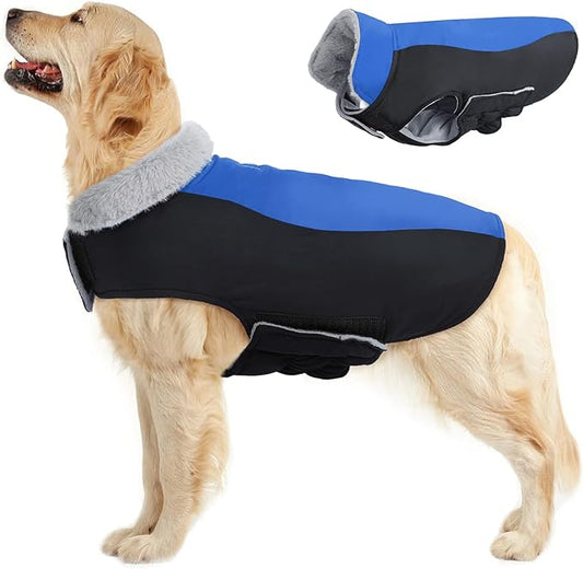 Warm Dog Coat,Waterproof Jacket in Winter Adjustable and Reversible Doggy Fleece Outfit,Thick Clothes with Foldable Collar for Puppy in Cold Days,3XL RoyalBlue