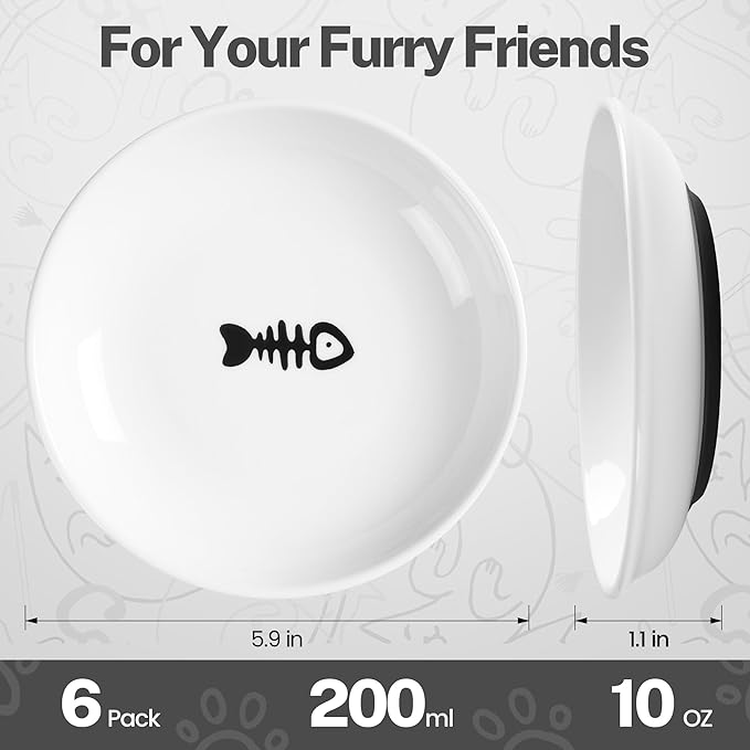 Cat Food Bowls, Whisker Friendly Ceramic Cats Bowls with Nonslip Silicone Bottom, Pack of 6 Quiet Dishes and Plates for Feeding Indoor Cats, Kittens and Small Dogs(Fishbone + Cat Paw)