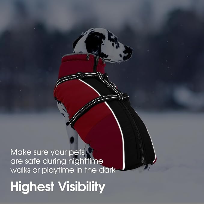 SUNFURA Dog Winter Coat, Warm Dog Coat with Harness for Medium Dogs Boys Girls, Reflective Fleece Lined Pet Winter Jacket Snowsuit for Pug, Jack Russel, Schnauzer, Red M