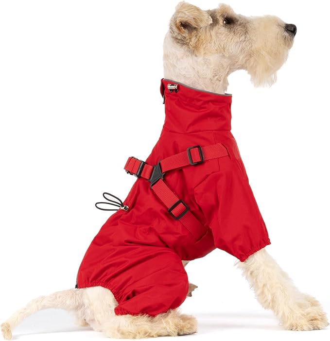 Mile High Life Waterproof Dog Raincoat, Full Coverage Small Dog Rain Coat with Harness, Adjustable 4 Legs Puppy Rain Jacket with Reflective Strip and Elastic Cuffs (Red, XXS Back Length 9.8")