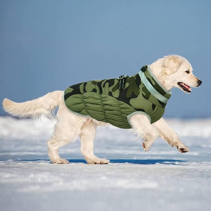 LeLePet Dog Coat, Windproof Camo Cold Weather Coat, Fleece Lined, Reflective, Adjustable, Turtleneck, Size S