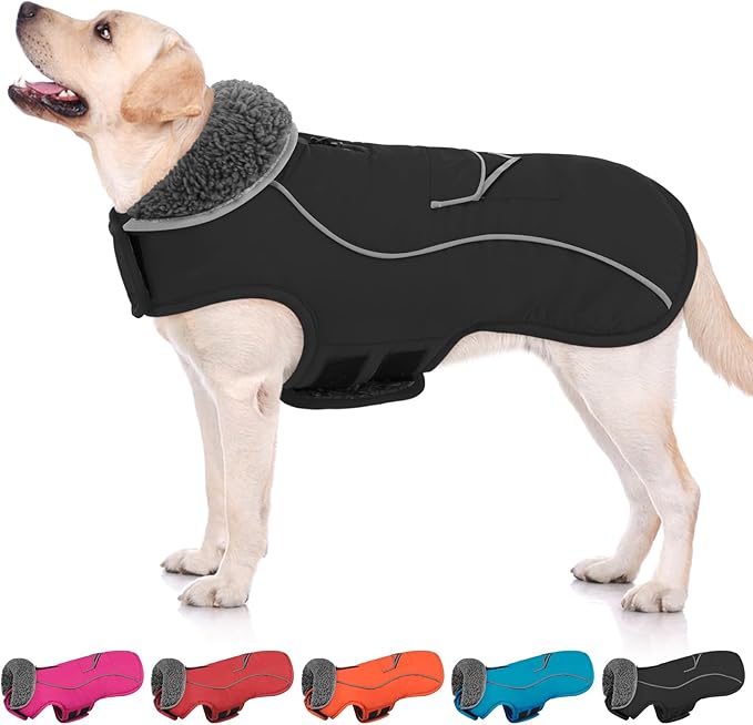 SUNFURA Dog Coat, Large Dog Jacket Reflective Winter Coat for Cold Weather, Windproof Pet Snow Jacket with Pocket, Warm Fleece Sweater Clothes for Large Dogs, Black L