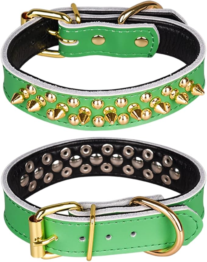 Adjustable Genuine Leather Spiked Studded Dog Collars for Small Medium Large Pets Like Pit Bull Bulldog Pugs Husky (M, Green2)
