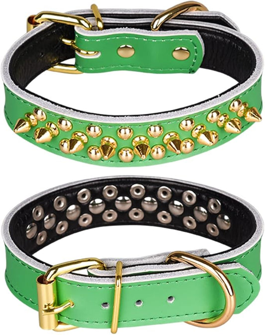 Adjustable Genuine Leather Spiked Studded Dog Collars for Small Medium Large Pets Like Pit Bull Bulldog Pugs Husky (L, Green2)
