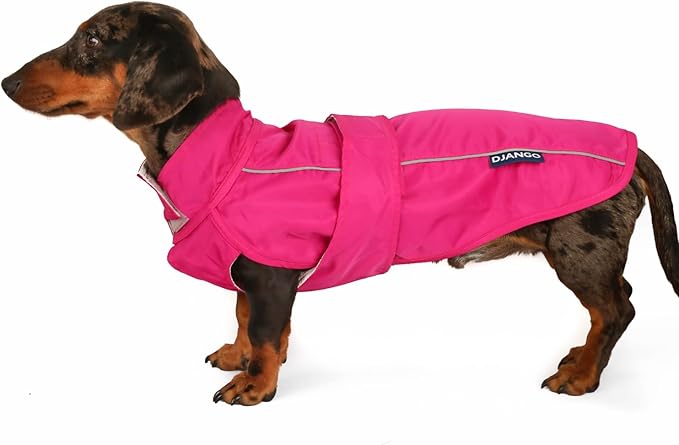 DJANGO Dog Jacket & Raincoat – Lightweight Water-Resistant Coat for Small, Medium & Long Dogs Like Dachshunds – Reflective, Adjustable Fit, Harness-Compatible & Easy-Access Harness Hole - Pink, Large