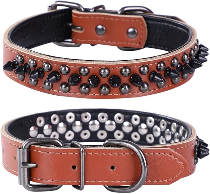 Adjustable Genuine Leather Spiked Studded Dog Collars for Small Medium Large Pets Like Pit Bull Bulldog Pugs Husky (S, Brown1)