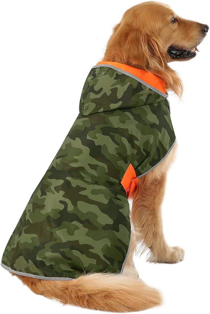 HDE Reversible Dog Raincoat Hooded Slicker Poncho Rain Coat Jacket for Small Medium Large Dogs Camo/Orange - 3XL