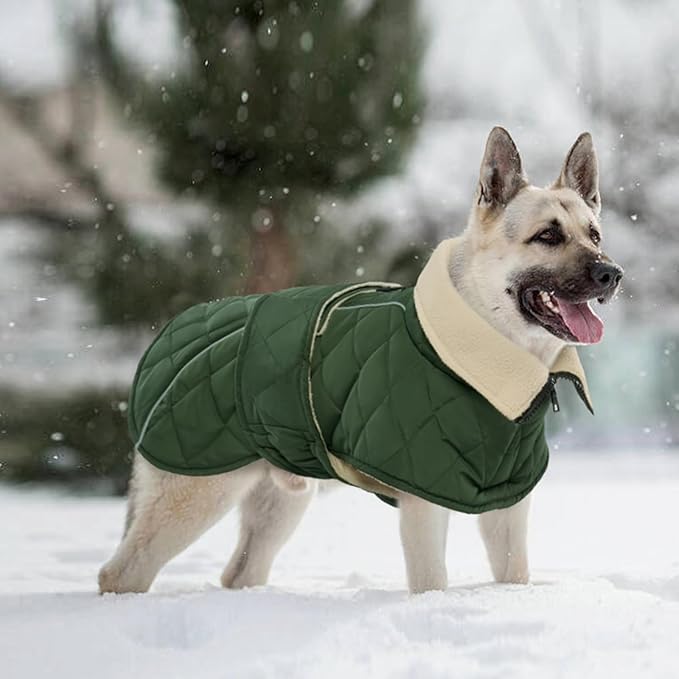 Kuoser Extra Warm Dog Jacket, Windproof Fleece Lined Turtleneck Snowsuit for Dogs, Easy On/Off Dog Coats for Medium Large Dogs, Quilted Cold Weather Pet Winter Coat Thermal Clothes, Green L