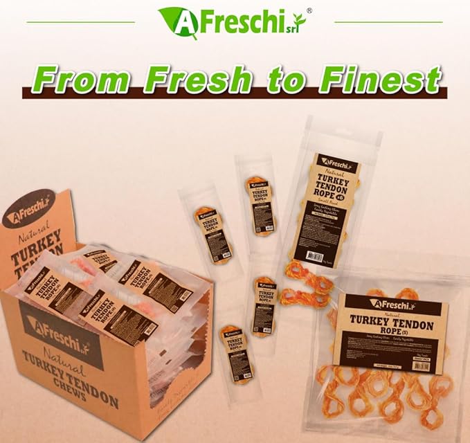 AFreschi Turkey Tendons for Dogs, USA-Sourced, Healthy Dog Treats, Rawhide-Free Puppy Chews, Long Lasting, All Natural, Hypoallergenic Dog Treats for Small Breeds, 6 Count Pack Rope (S)