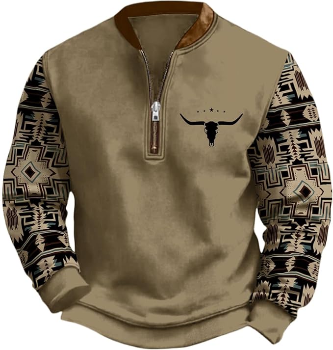HOTYD Aztec Cowboy Jacket Men Vintage Bullhorn Printed Oversized Western Sweatshirt Long Sleeve Quarter Zip Pullover