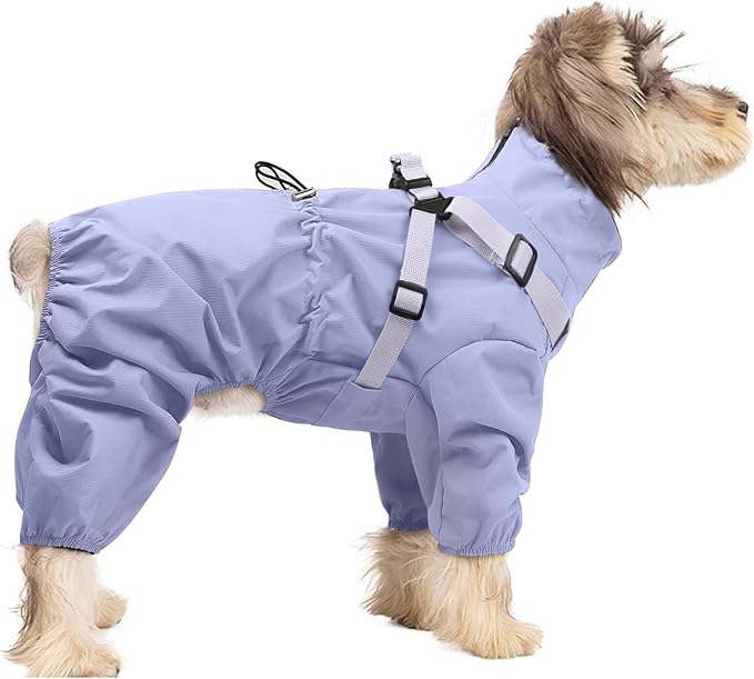 BRKURLEG Dog Raincoat for Small Dogs, Small Dog Rain Jacket with Harness Built in, Waterproof 4 Legs Puppy Raincoats, Puppy Outdoor Jacket with Reflective Strip, Purple, S
