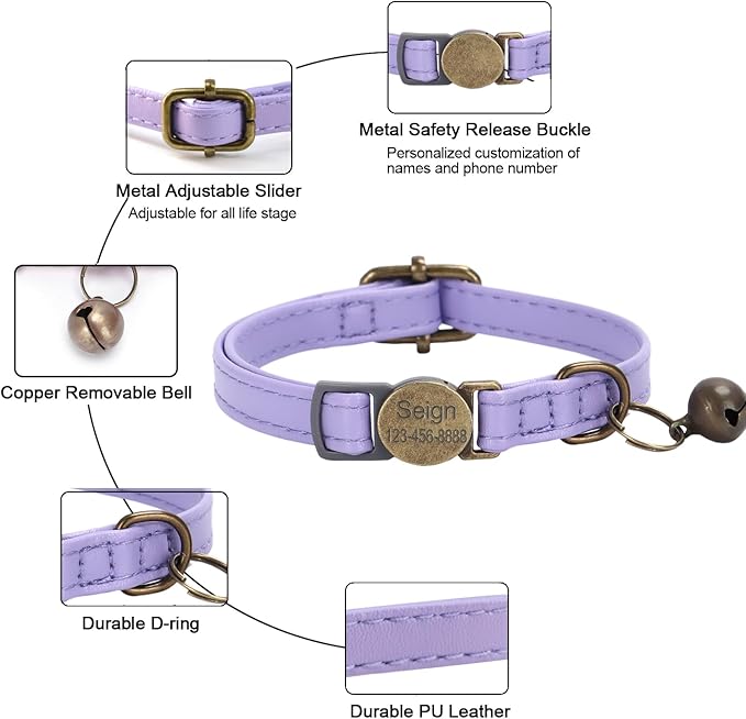 Cat Collar Breakaway, Personalized Leather Cat Collar with Bells-Adjustable Customized Collar with Name & Phone Number Tag for Girl Boy Cats-Quick Release Buckle for Cats & Kittens(Purple)