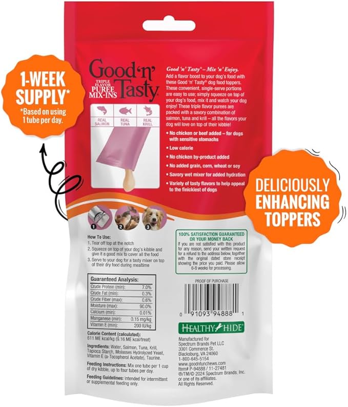 Good 'n' Tasty Triple Flavor Puree Mix-Ins Dog Food Topper Treats for All Dogs, 7 Count, Easy Single-Serve Portions, Added Protein with Salmon, Tuna and Krill, No Chicken or Beef Added (Pack of 2)