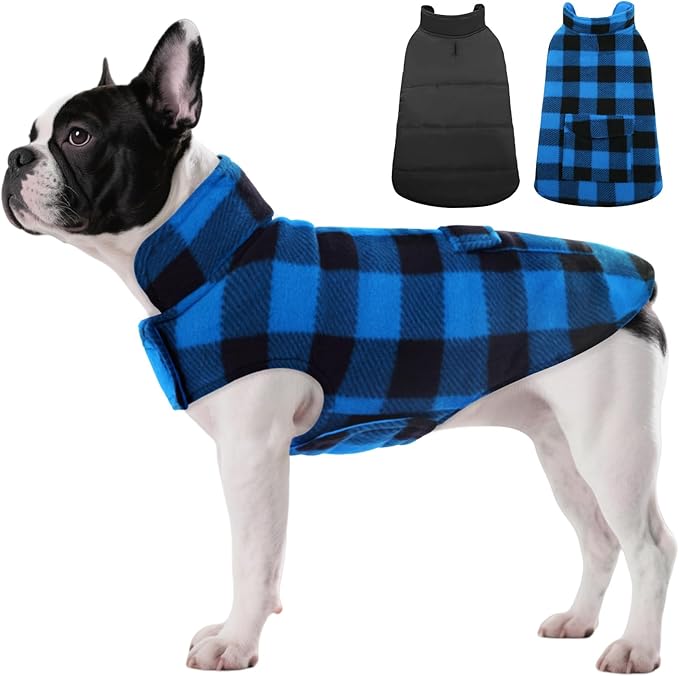 ASENKU Dog Winter Coat, Fleece Doggie Jacket Plaid Reversible Vest Waterproof Windproof Cold Weather Clothes for Small Medium Large Dogs (XS, Blue)