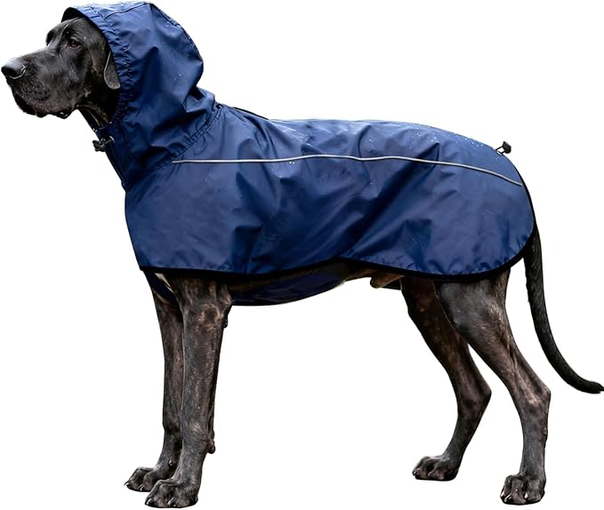 Mosucoirl Dog Raincoat Jacket Reflective Adjustable Hooded Pet Poncho Rain Coats with Leash Hole Waterproof Clothes for Small Medium Large Dogs (NavyBlue, XXL)
