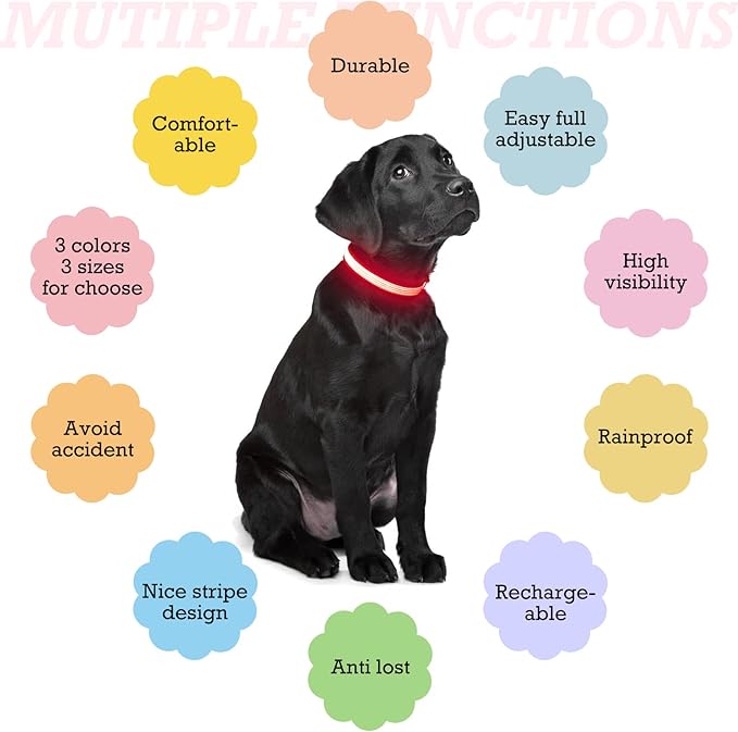 YFbrite Full Adjustbale LED Dog Collar, Full Illuminated Light up Dog Collars, Reflective Dog Collar Light Glowing in The Dark for All Dogs Safety (Large, Pink-2)