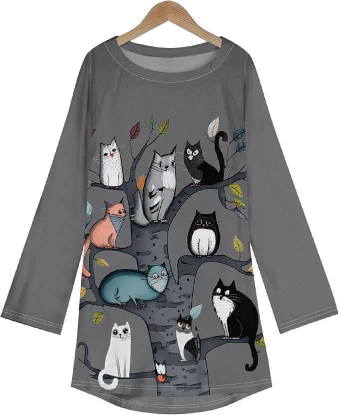 Womens Tunic Shirt Cute Cat Print Long Sleeve Round Neck Women T Shirts Cotton Casual Plus Size Vacation Tunics Tops