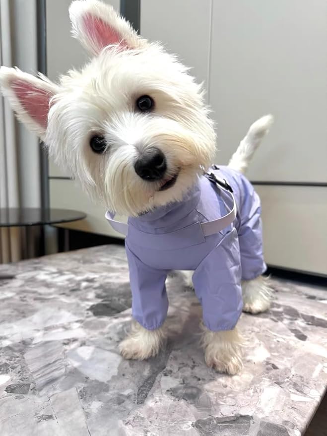 Mile High Life Waterproof Dog Raincoat, Full Coverage Small Dog Rain Coat with Harness, Adjustable 4 Legs Puppy Rain Jacket with Reflective Strip and Elastic Cuffs (Purple, L Back Length 16.1")