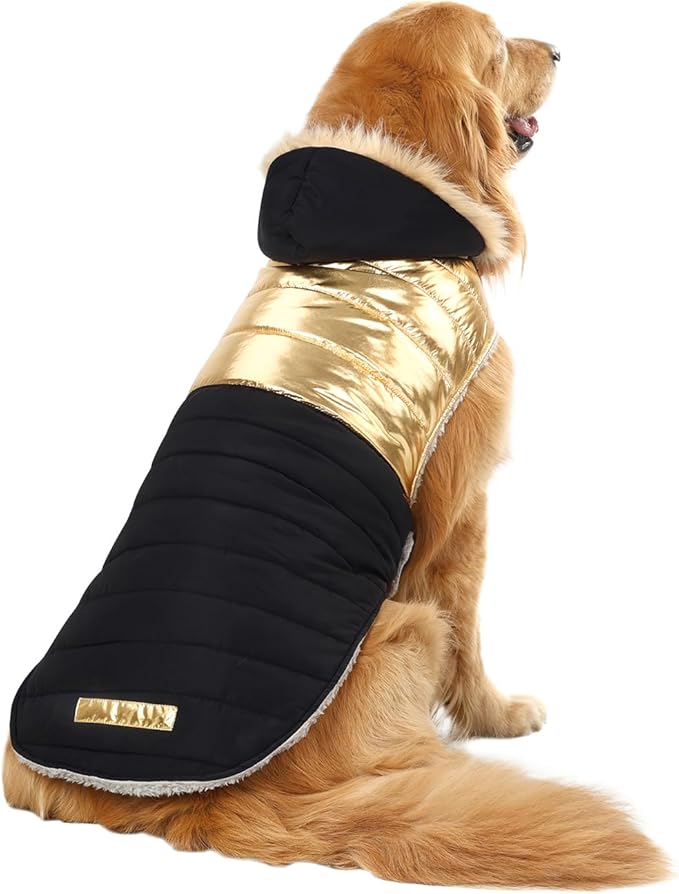 HDE Dog Puffer Jacket Fleece Lined Warm Dog Parka Winter Coat with Harness Hole 90s Black and Gold Metallic - XXL