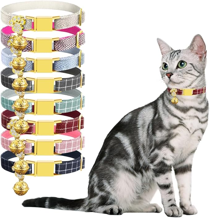 Personalized Breakaway Cat Collars - Magnetic Buckle, Bell - Safety Quick Release, Customized for Girls & Boys Cats- (Checkered-Red)