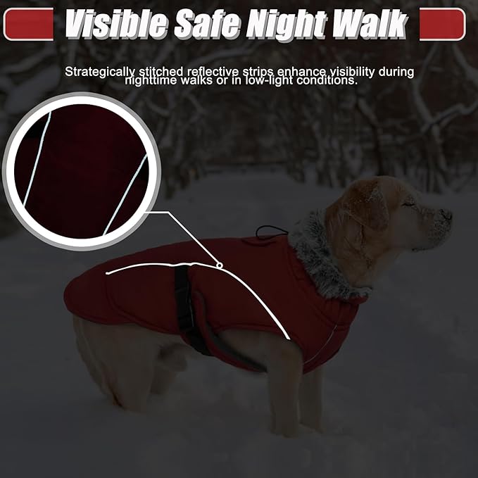 DENTRUN Extra Large Warm Dog Jacket - Windproof Water Repellent Reflective Coat, Adjustable Plush Turtleneck, Easy Wear Fleece Lined Cold Weather Vest for Great Dane, Red, XXXL