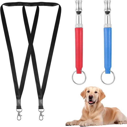 2 Pack Dog Whistle to Stop Barking Neighbors Dog, Professional Adjustable Ultrasonic Silent Dog Whistle for Dog Training Whistle for Recall or Scare Dogs Away with Lanyard (Blue & Red)