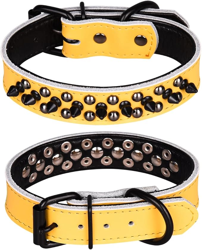 Adjustable Genuine Leather Spiked Studded Dog Collars for Small Medium Large Pets Like Pit Bull Bulldog Pugs Husky (S, Yellow1)