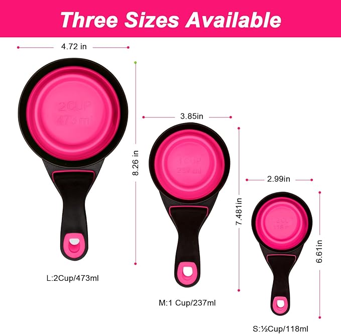 Collapsible Silicone Dog Food Scoop Foldable Pet Food Measuring Cup with Bag Clip 3 in 1 Multi-Function Silicone Dog Food Scooper (Rose Red, Small)