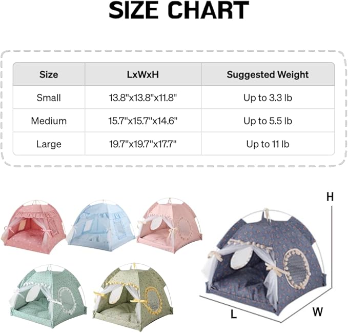 Cat Bed Tents Dog House Indoor Outdoor Lace Mesh Breathable Windows Door Curtains Removable Portable Nest Teepe House (Medium,Blue)