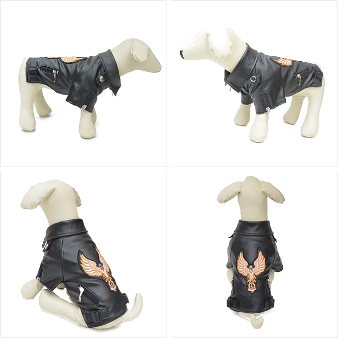 Lovelonglong Cool Dog Leather Jacket, Warm Coats Dogs Windproof Cold Weather Coats for Large Medium Small Dogs with Eagle Embroidery Black L-M