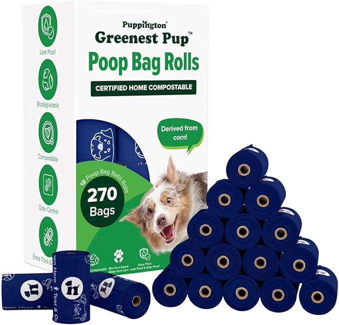Puppington Certified Home Compostable Poop Bags - ASTM D6400 Compliant - 270 Extra Thick Bags - Plant Based - Pairs with Puppington 3-in-1 Bag & Fits all Standard Poop Bag Dispensers (Navy Blue)