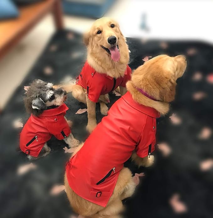 Lovelonglong Cool Dog Leather Jacket, Warm Coats Dogs Windproof Cold Weather Coats for Large Medium Small Dogs, Miniature Schnauzers Clothing Red L