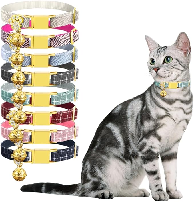 Personalized Breakaway Cat Collars - Magnetic Buckle, Bell - Safety Quick Release, Customized for Girls & Boys Cats- (Checkered-Cyan)