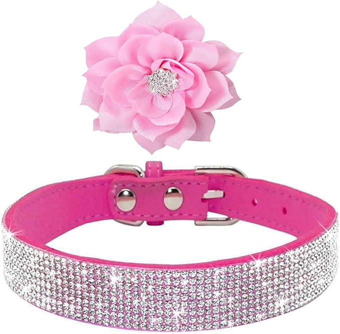 Serijoars Small Dog Collar with Rhinestone Crystal Diamond Colorful Bling Girl Puppy Cat Collars (L, Hot Pink6)