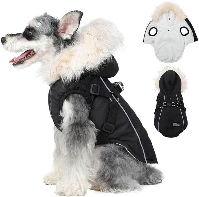 PINA Dog Winter Coat with Waterproof Fabric, Faux Fur Hood, Reflective Strap for Small to Large Dogs, Black, M