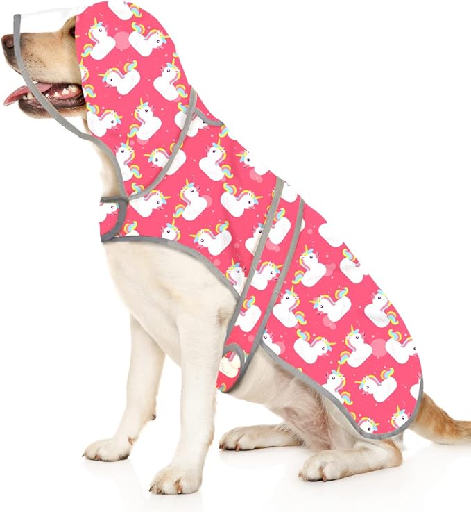 HDE Dog Raincoat with Clear Hood Rain Jacket Poncho for Small Medium Large Dogs Unicorn Ducks Pink - XL