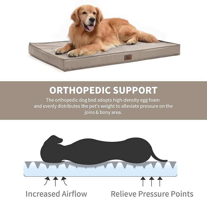 Outdoor Dog Bed for Medium Dogs, Waterproof Dog Crate Mat Orthopedic Egg Crate Foam Pet Bed with Washable Removable Oxford Cover, Khaki