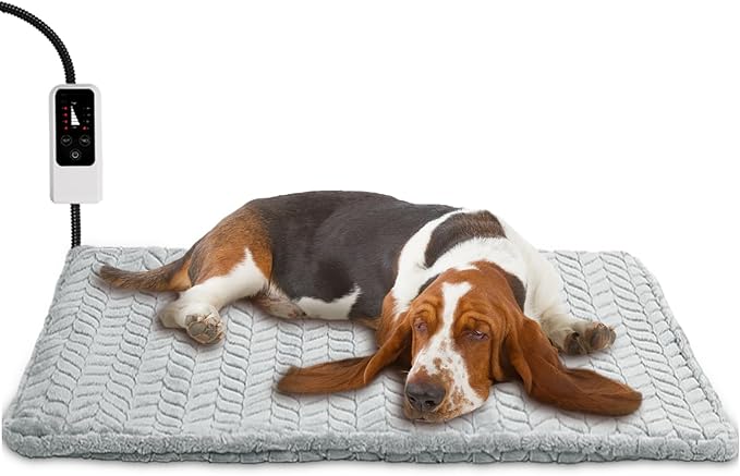 Heeyoo Pet Heating Pad, Adjustable Temperature Dog Cat Heating Pad with Timer, Waterproof Heated Dog Bed with Chew Resistant Cord, Auto Power-Off Indoor Pet Heated Mat for Dogs and Cats, 28" x 16"