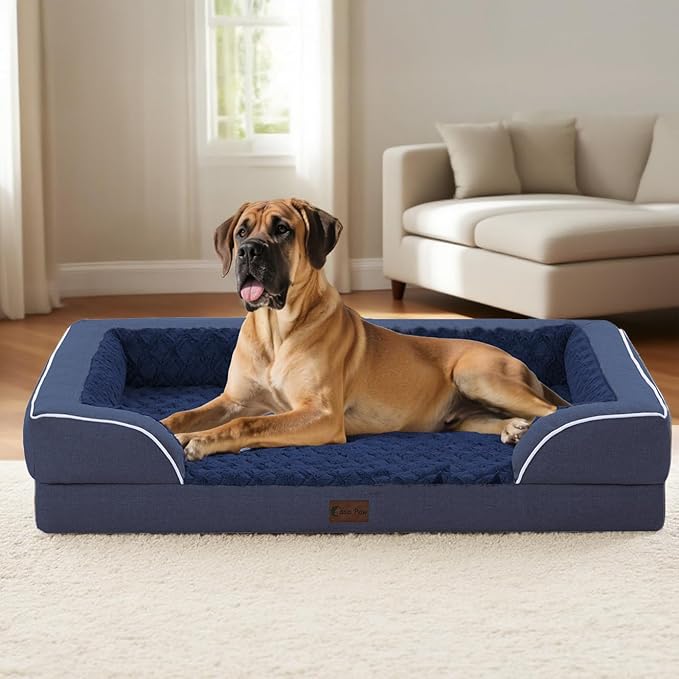 Orthopedic Dog Beds for Large Sized Dogs, Waterproof Memory Foam Large Pet Bed with Sides 36x27Inch, Non-Slip and Egg-Crate Foam Big Dog Couch Bed with Removable Washable Cover, Navy Blue