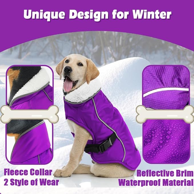 EMUST Dog Cold Weather Coats, Fleece Lining Small/Medium/Large Dog Jacket for Winter, Warm Waterproof Pet Winter Clothes for Large Dogs, Purple, XL