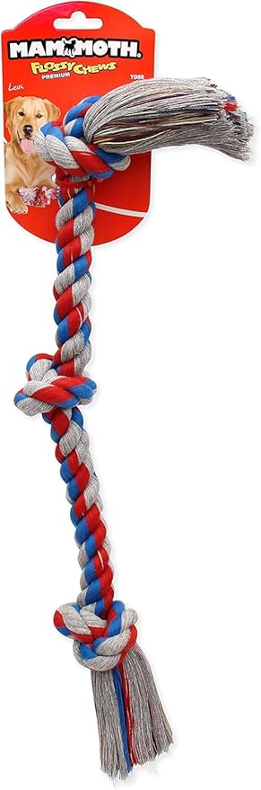Mammoth Flossy Chews Color 3 Knot Rope Tug – Premium Cotton-Poly Rope Tug Toy for Dogs – Interactive Rope Dog Toy 20" - 2 Pack Assorted Colors