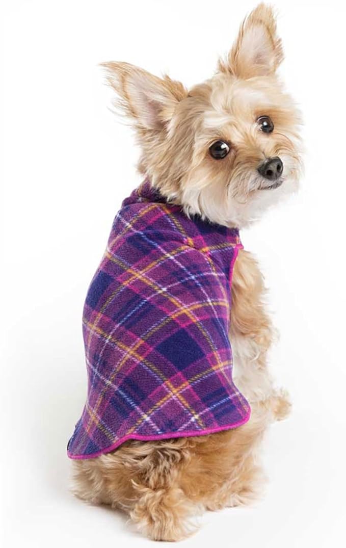 Goldpaw Stretchy Fleece Jacket for Small Dogs - Super Soft, Warm Dog Sweater - Pet Sweater Vest for Fall and Winter - Canine Clothes Made in The USA - Machine Washable - Mulberry Plaid - Size 10